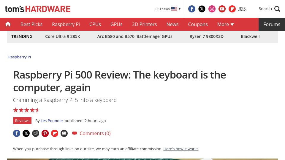 Screenshot of tomshardware.com: Raspberry Pi 500 Review: The keyboard is the computer, again