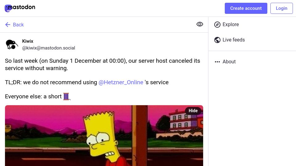 Screenshot of mastodon.social: "Hetzner decided to cancel our account and terminate all servers"
