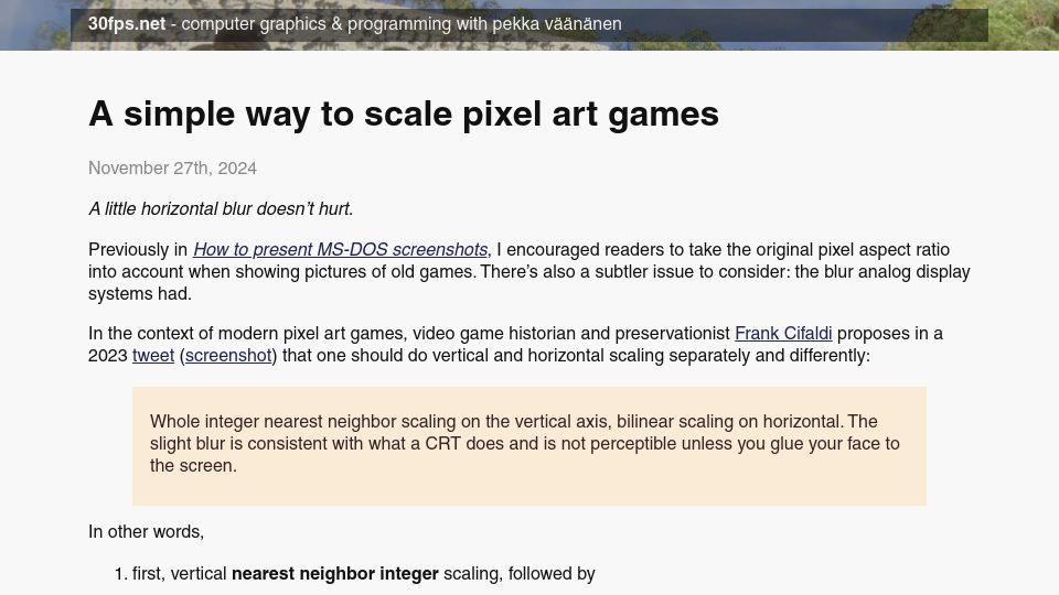 Screenshot of 30fps.net: A simple way to scale pixel art games