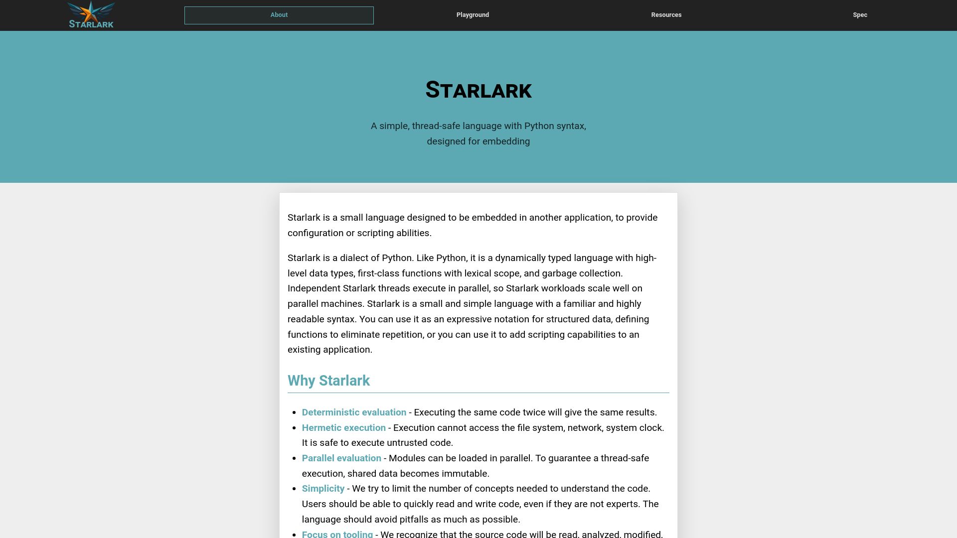 Screenshot of starlark-lang.org: Starlark Programming Language