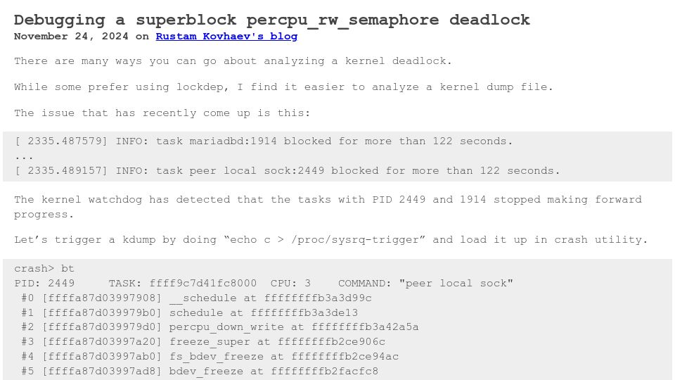 Screenshot of rustylife.github.io: Debugging a Superblock Percpu_rw_semaphore Deadlock