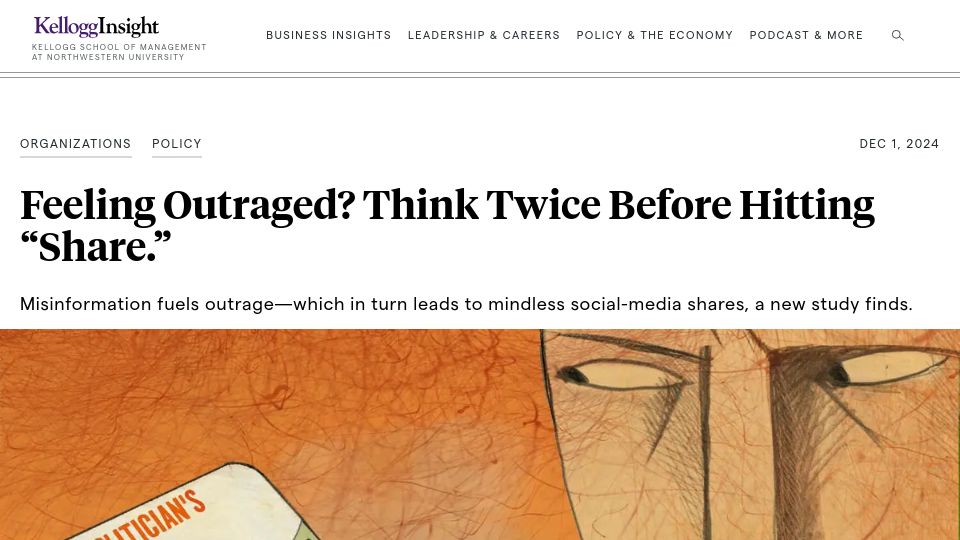Screenshot of insight.kellogg.northwestern.edu: Misinformation fuels outrage and mindless social-media shares – study