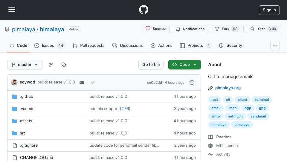 Screenshot of github.com: Himalaya: CLI to Manage Emails