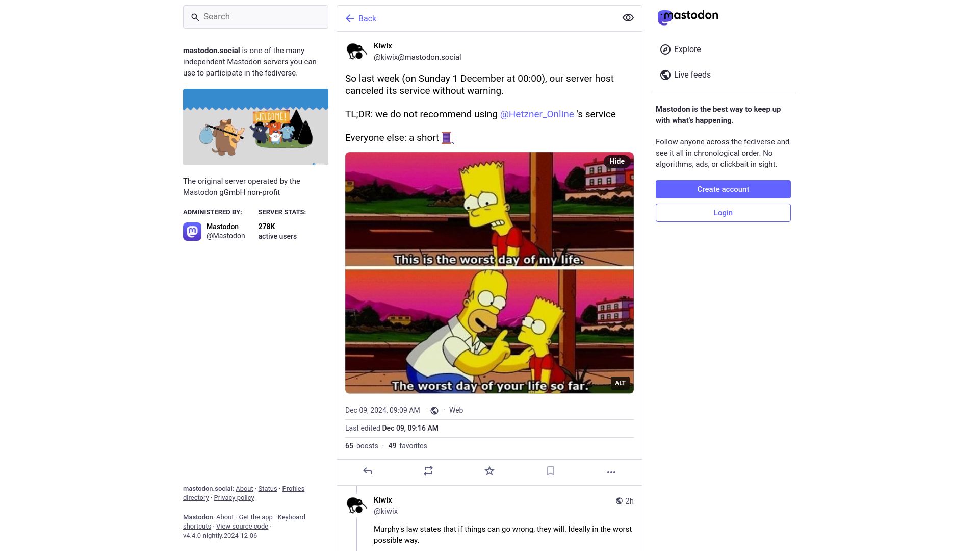 Screenshot of mastodon.social: "Hetzner decided to cancel our account and terminate all servers"