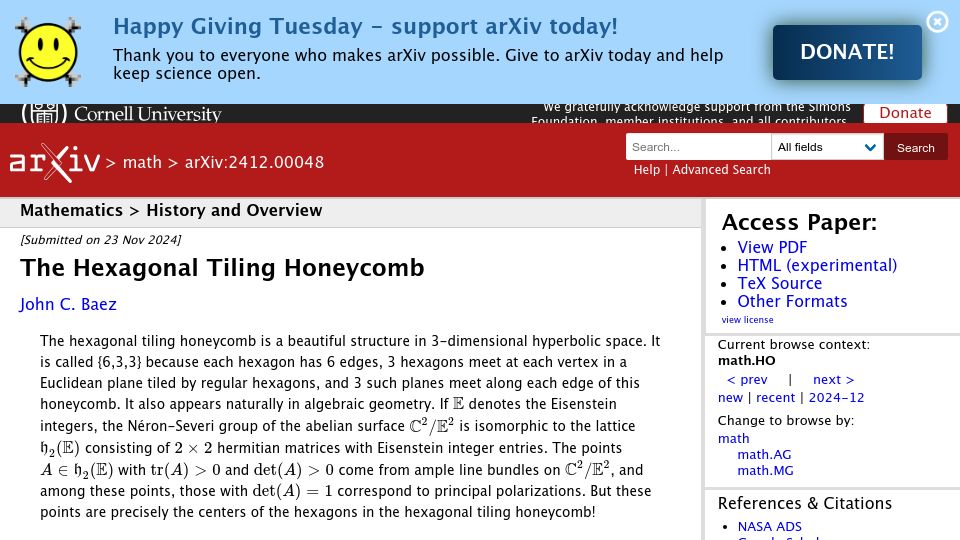 Screenshot of arxiv.org: The Hexagonal Tiling Honeycomb