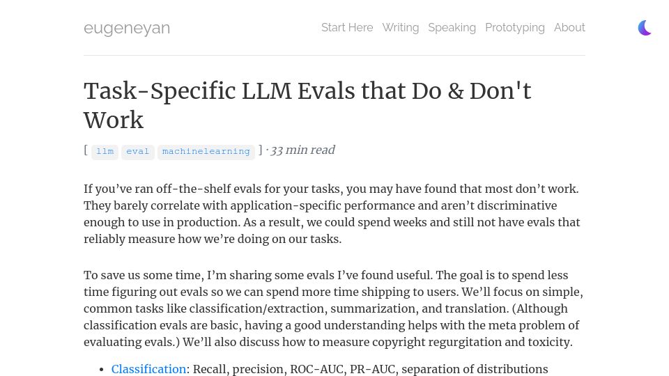 Screenshot of eugeneyan.com: Task-specific LLM evals that do and don't work
