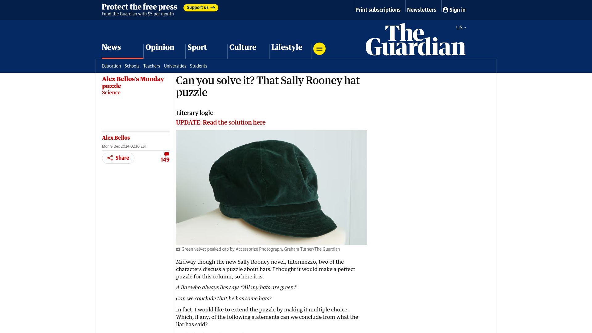 Screenshot of theguardian.com: A liar who always lies says "All my hats are green."
