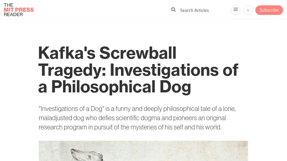 Screenshot of thereader.mitpress.mit.edu: Kafka's Screwball Tragedy: Investigations of a Philosophical Dog
