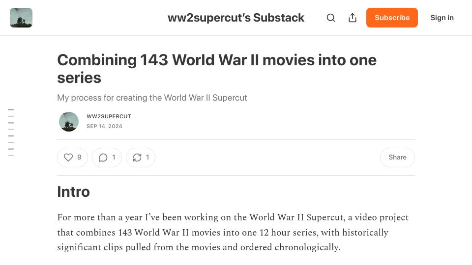 Screenshot of ww2supercut.substack.com: Show HN: I used ChatGPT and Blender to combine 150 WW2 movies chronologically
