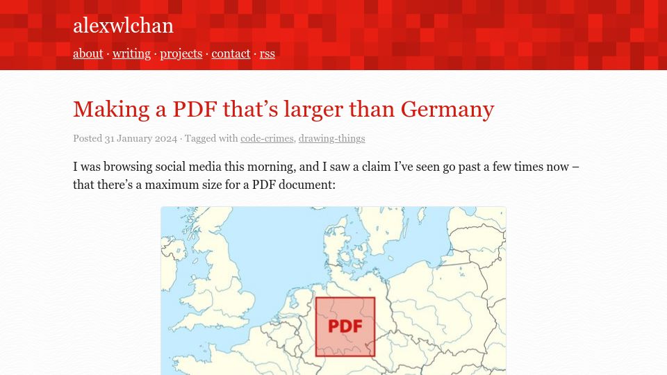 Screenshot of alexwlchan.net: Making a PDF that's larger than Germany