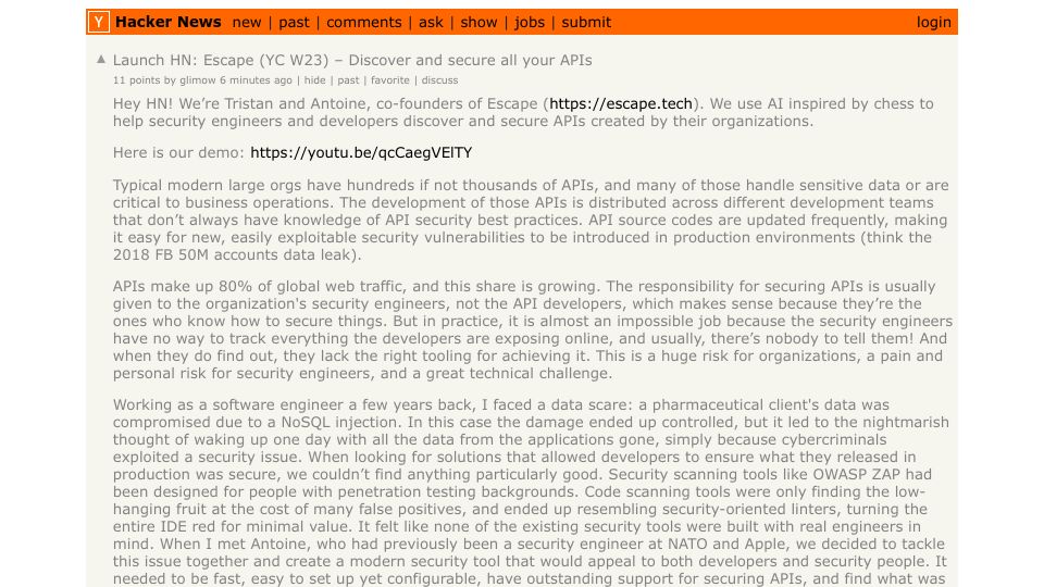 Screenshot of Hacker News post: Launch HN: Escape (YC W23) – Discover and secure all your APIs