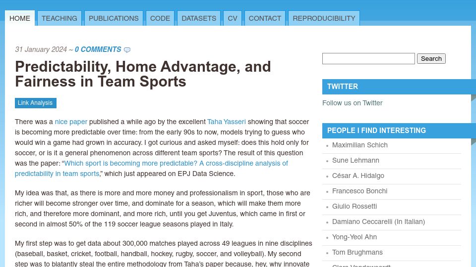 Screenshot of michelecoscia.com: Predictability, Home Advantage, and Fairness in Team Sports