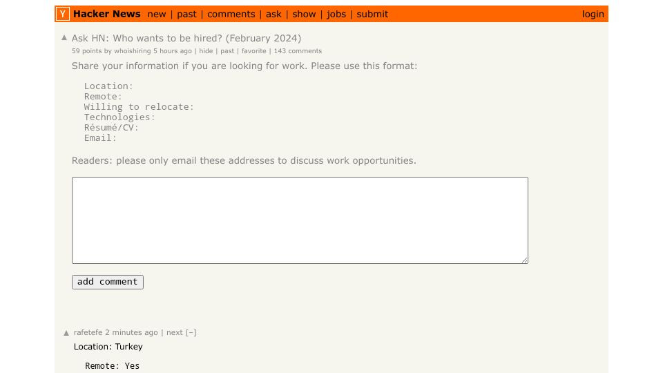 Screenshot of Hacker News post: Ask HN: Who wants to be hired? (February 2024)