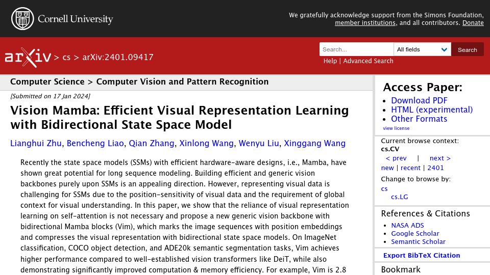 Screenshot of arxiv.org: Vision Mamba: Efficient Visual Representation Learning with Bidirectional SSM