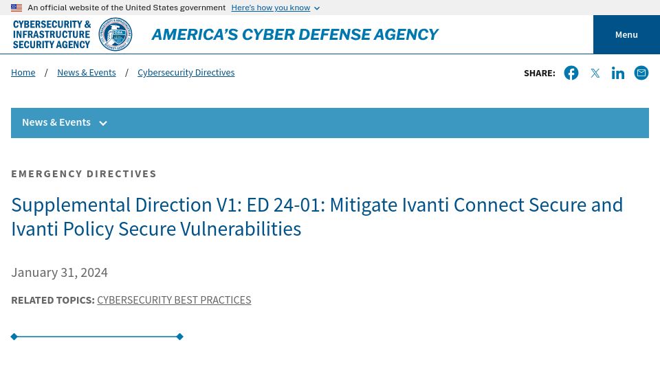 Screenshot of cisa.gov: CISA directs federal agencies to disconnect Ivanti products by Friday midnight