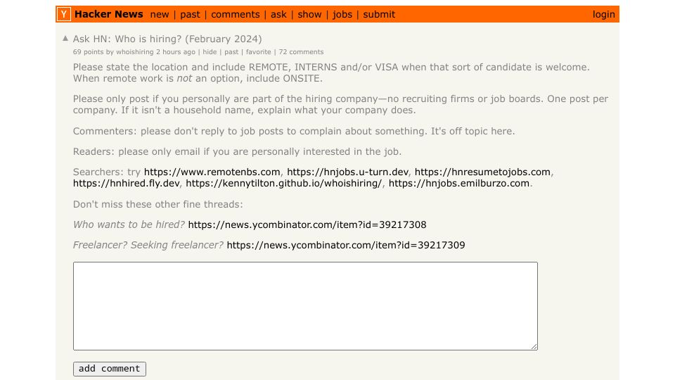 Screenshot of Hacker News post: Ask HN: Who is hiring? (February 2024)