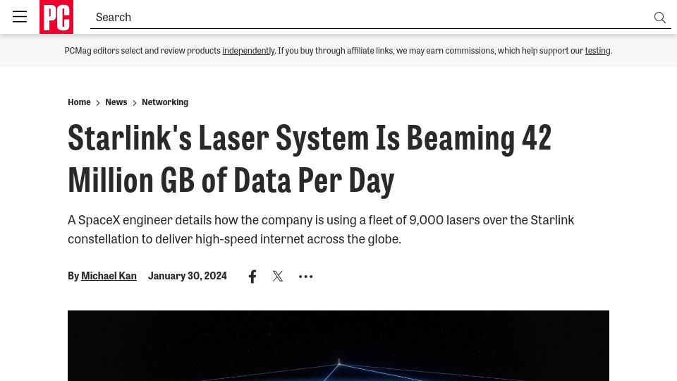 Screenshot of pcmag.com: Starlink's laser system is beaming 42 petabytes of data per day