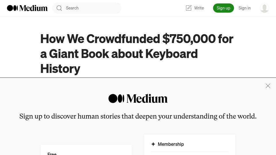 Screenshot of glennf.medium.com: How we crowdfunded $750k for a giant book about keyboard history