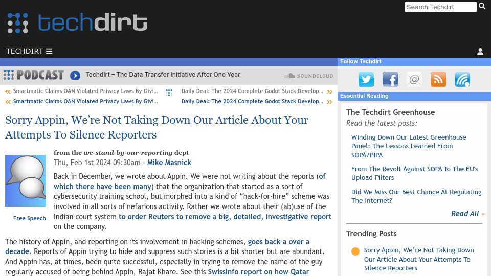 Screenshot of techdirt.com: Sorry Appin, We're Not Taking Down Our Article About Your Attempts to Silence