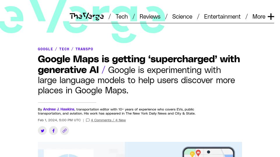 Screenshot of theverge.com: Google Maps is getting 'supercharged' with generative AI