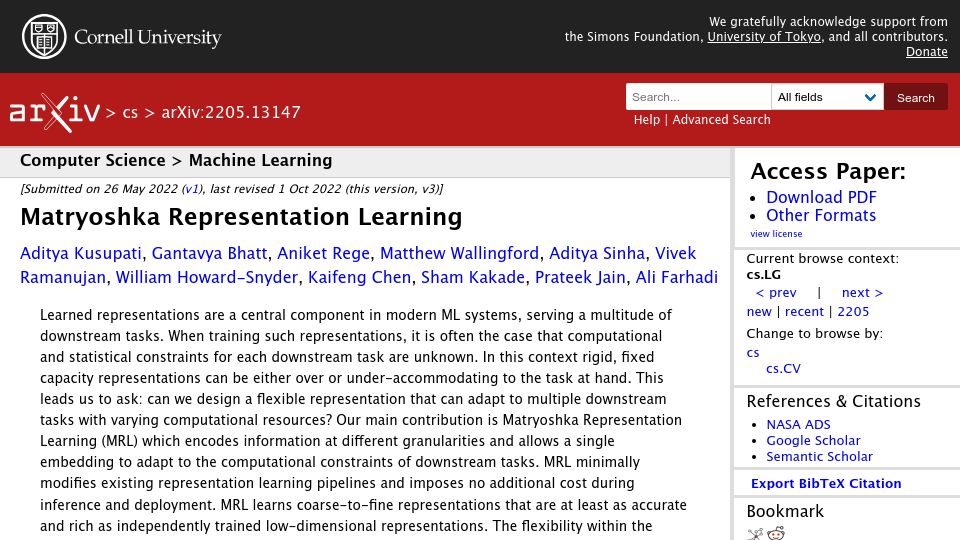 Screenshot of arxiv.org: Matryoshka Representation Learning