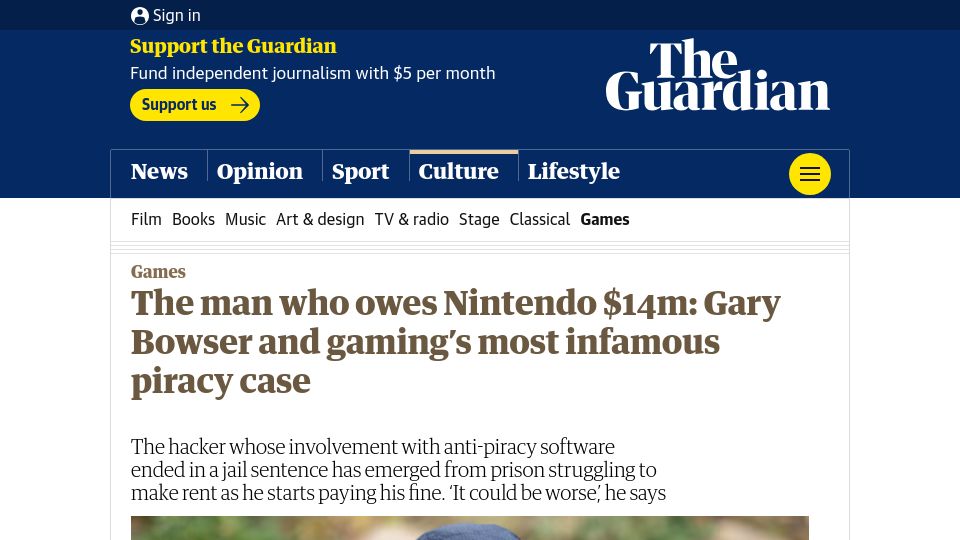Screenshot of theguardian.com: Gary Bowser and gaming's most infamous piracy case