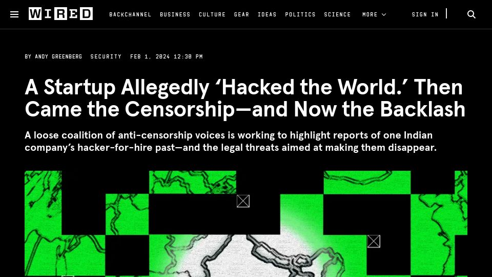 Screenshot of wired.com: A startup allegedly 'hacked the world', then came censorship, and now backlash