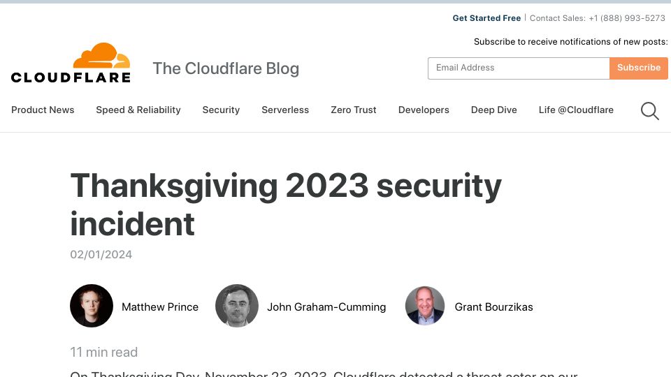 Screenshot of blog.cloudflare.com: Thanksgiving 2023 security incident