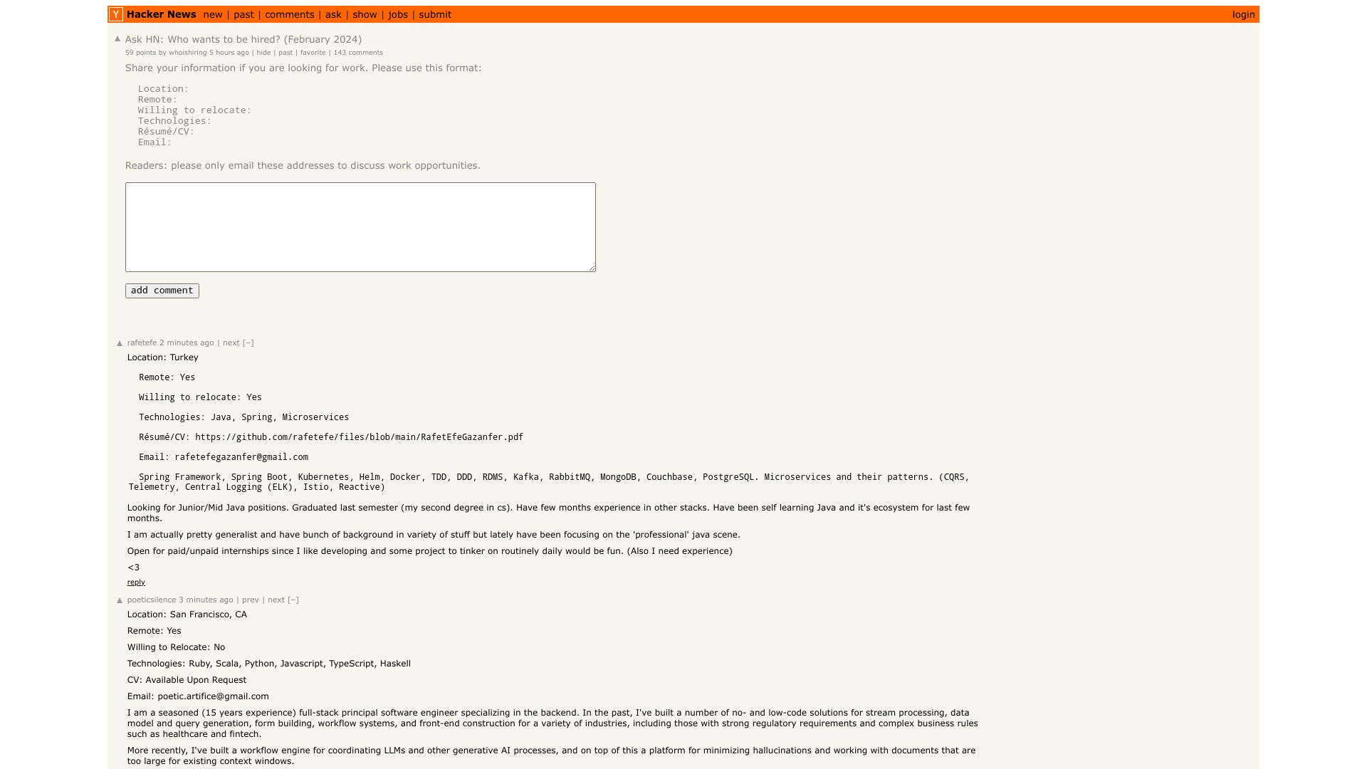Screenshot of this Hacker News post: Ask HN: Who wants to be hired? (February 2024)