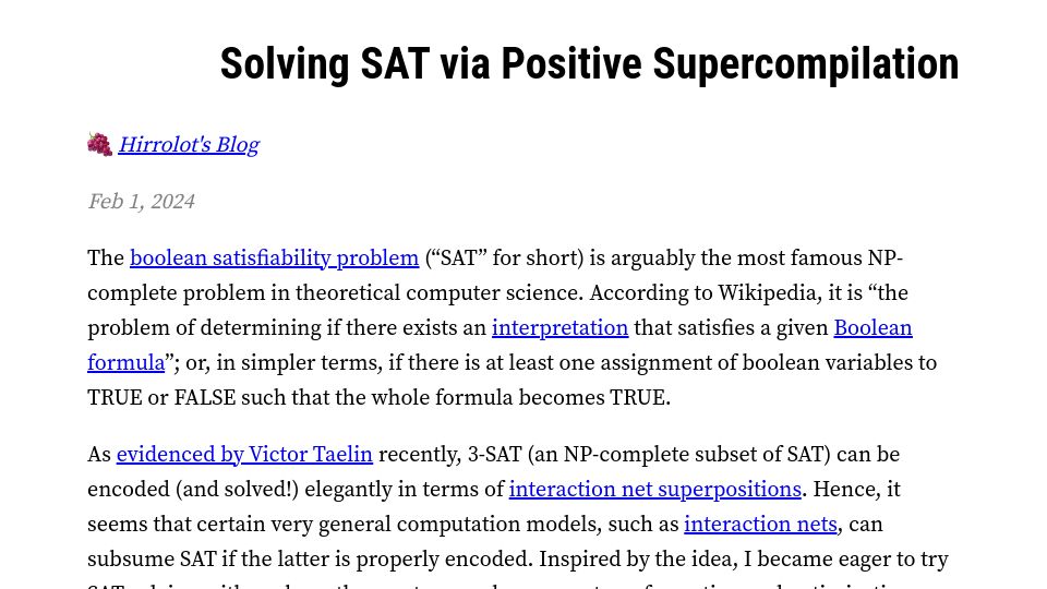 Screenshot of hirrolot.github.io: Solving SAT via Positive Supercompilation