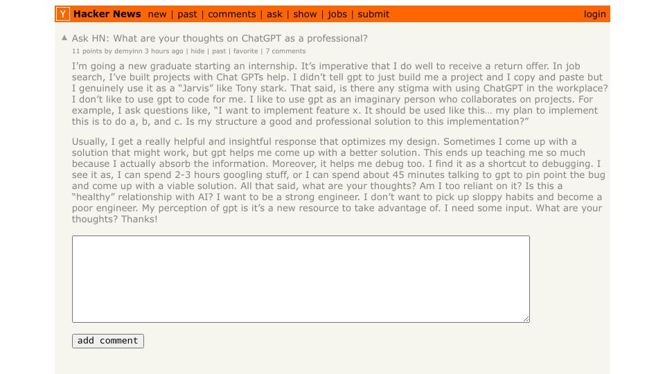 Screenshot of Hacker News post: Ask HN: What are your thoughts on ChatGPT as a professional?