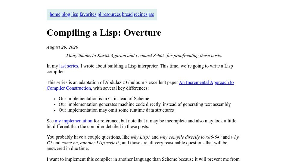 Screenshot of bernsteinbear.com: Compiling a Lisp (2020)