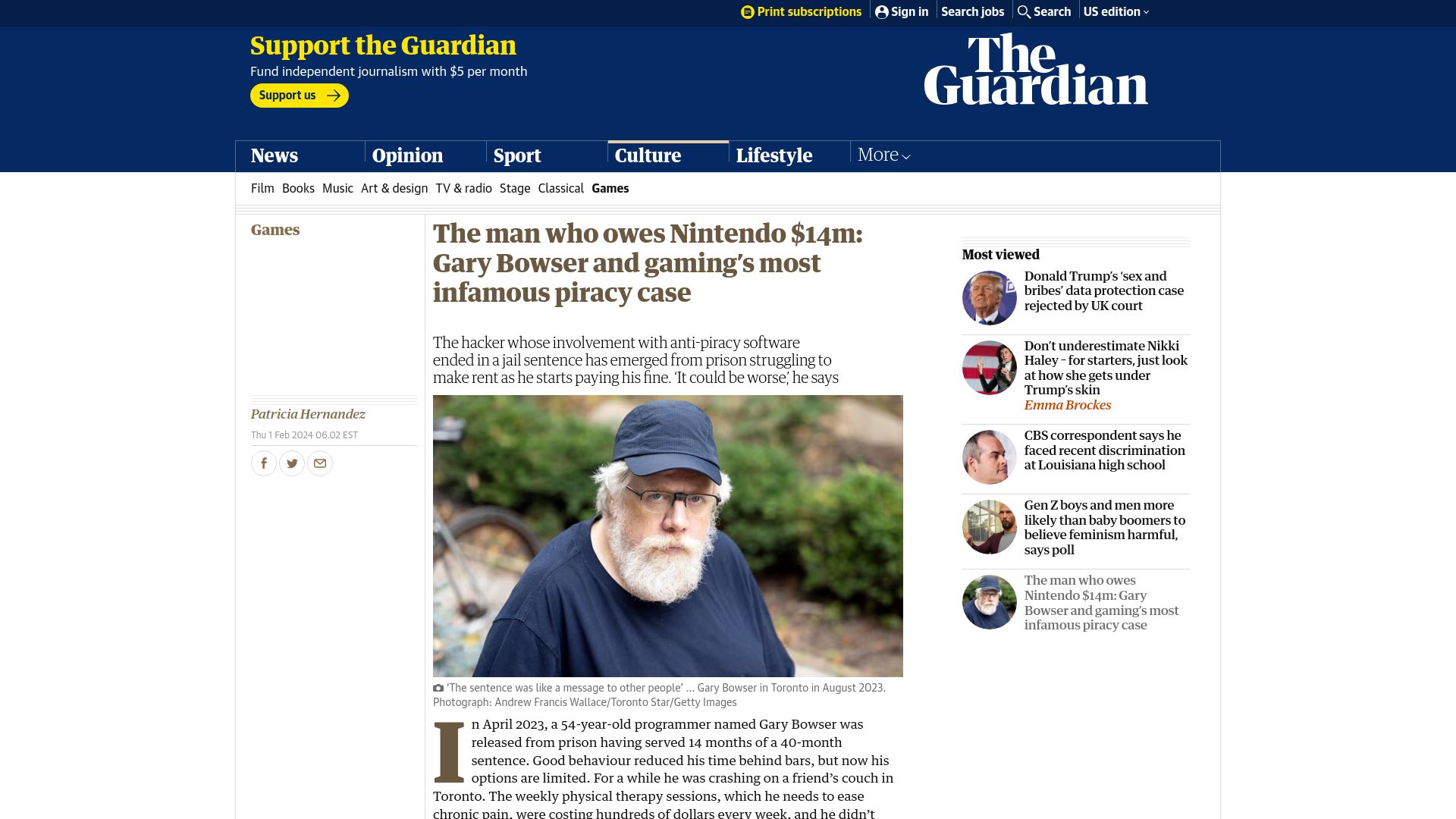 Screenshot of theguardian.com: Gary Bowser and gaming's most infamous piracy case