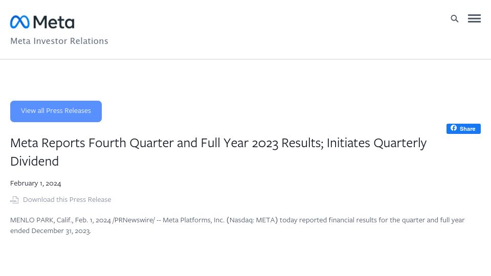 Screenshot of investor.fb.com: Meta Reports Fourth Quarter and Full Year 2023 Results