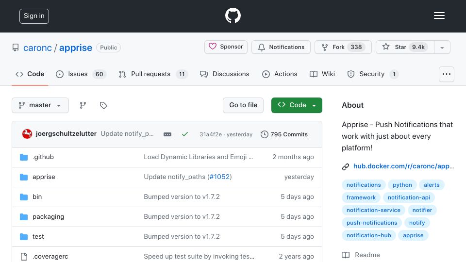 Screenshot of github.com: Apprise: Open-Source, Self-Hosted, Push Notifications