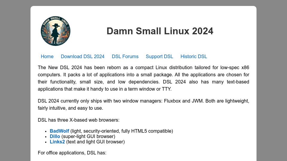 Screenshot of damnsmalllinux.org: Damn Small Linux 2024