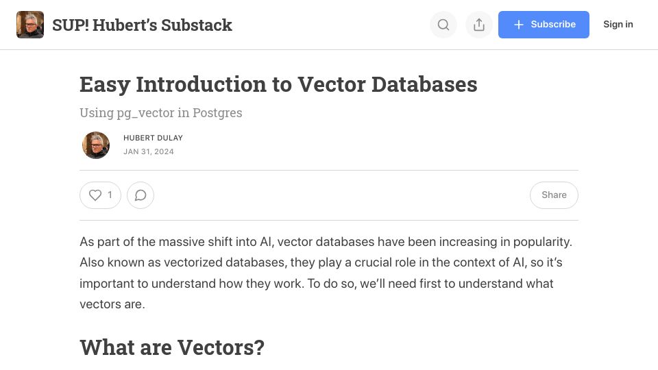 Screenshot of hubertdulay.substack.com: Easy Introduction to Vector Databases