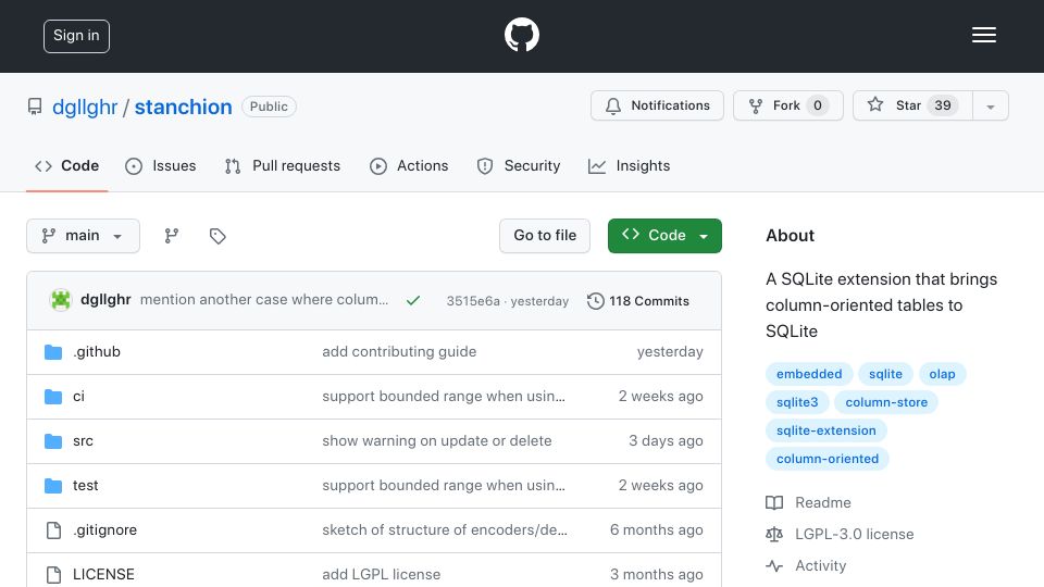Screenshot of github.com: A SQLite extension that brings column-oriented tables to SQLite