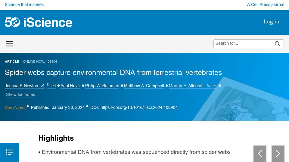 Screenshot of cell.com: Spider webs capture environmental DNA from terrestrial vertebrates