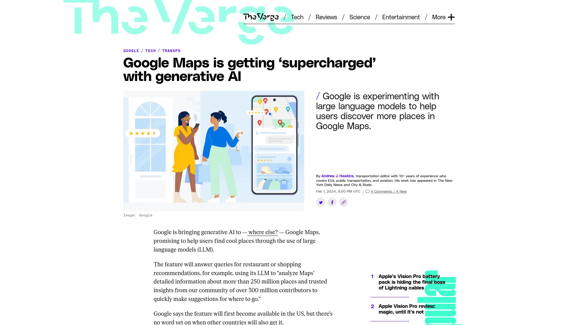 Screenshot of theverge.com: Google Maps is getting 'supercharged' with generative AI
