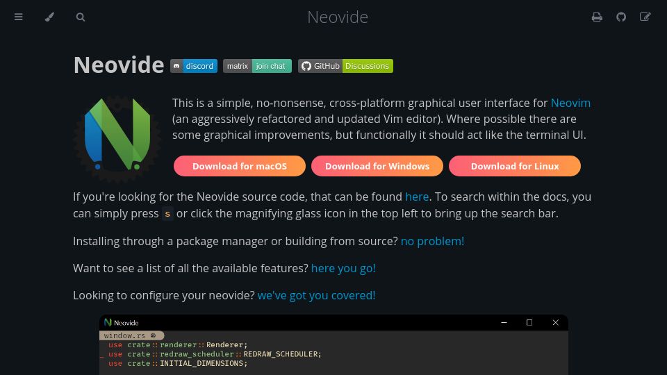 Screenshot of neovide.dev: Neovide – A simple, no-nonsense, cross-platform GUI for Neovim