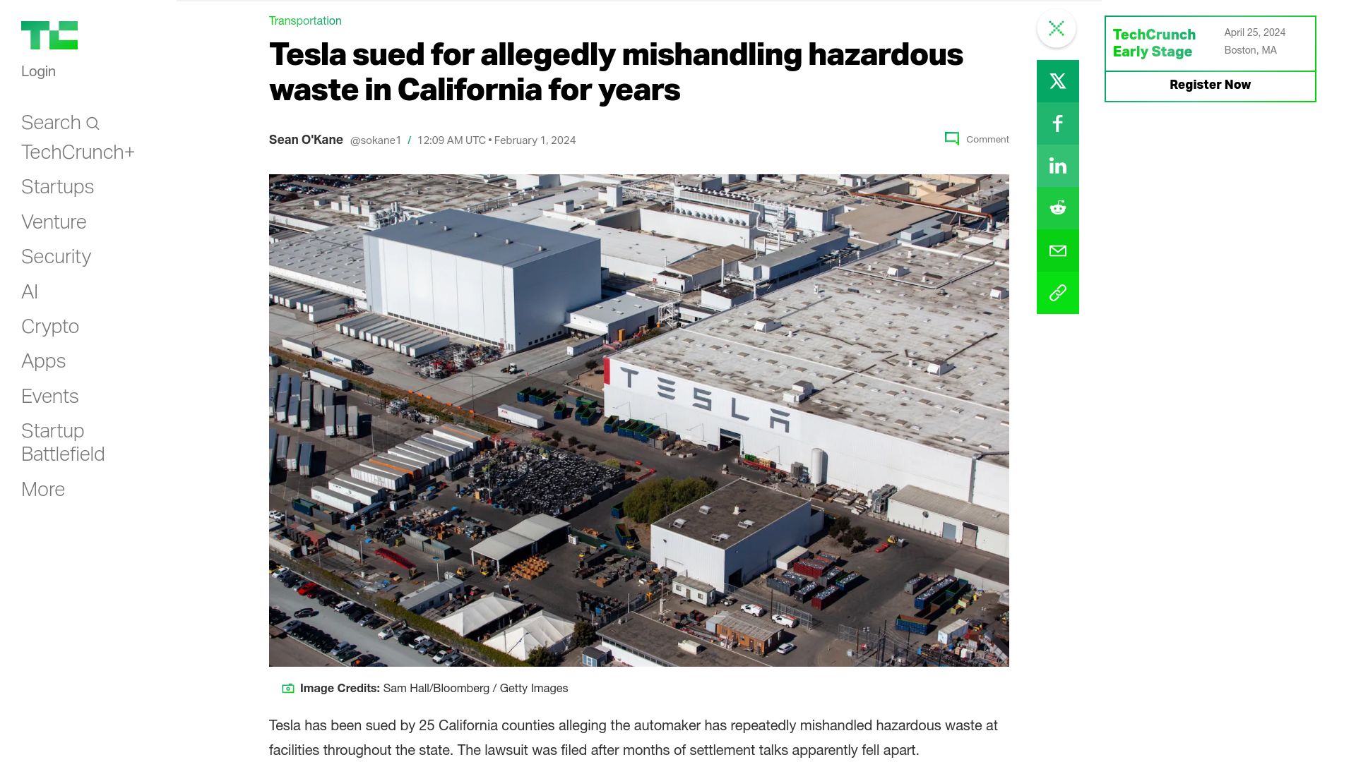 Screenshot of techcrunch.com: Tesla sued for allegedly mishandling hazardous waste in California for years