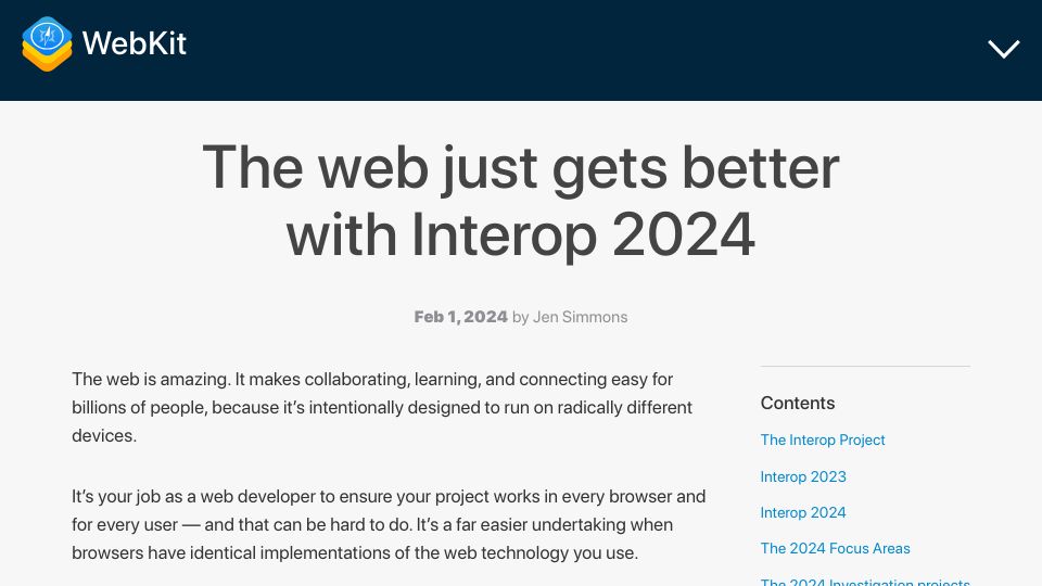Screenshot of webkit.org: The web just gets better with Interop 2024