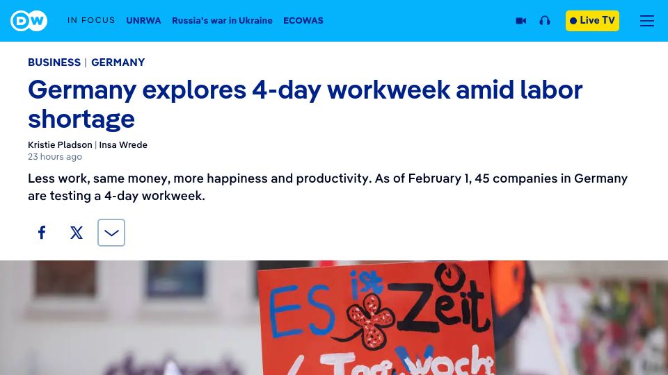 Screenshot of dw.com: Germany explores 4-day workweek amid labor shortage