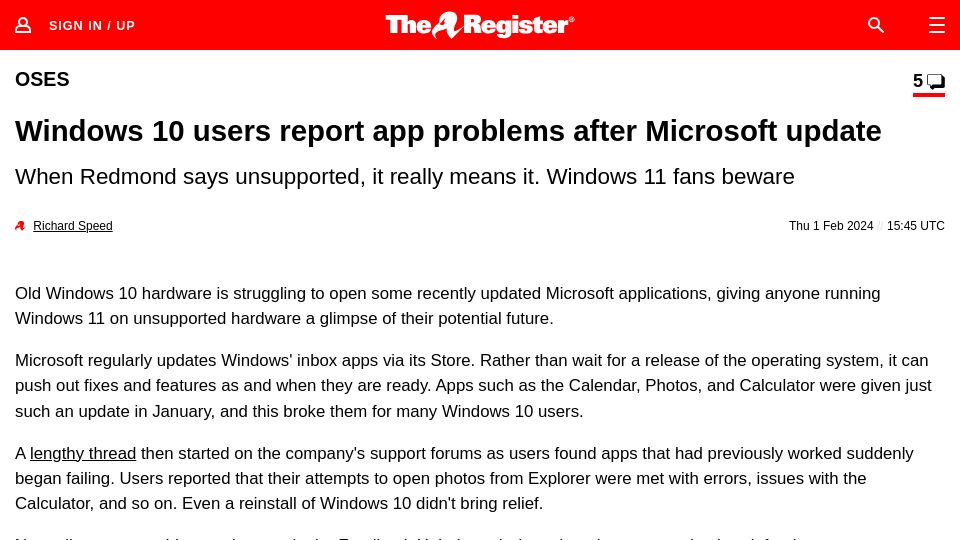 Screenshot of theregister.com: Windows 10 users report app problems after Microsoft update