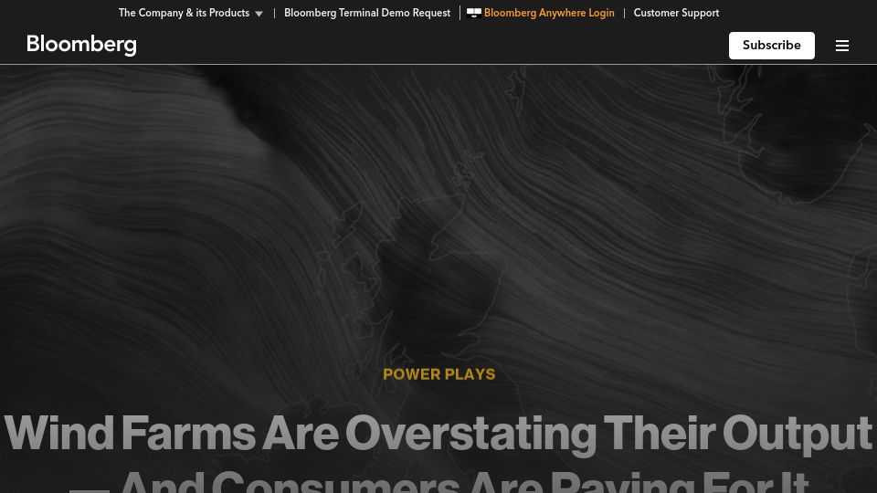 Screenshot of bloomberg.com: UK Wind Farms Are Overstating Their Output