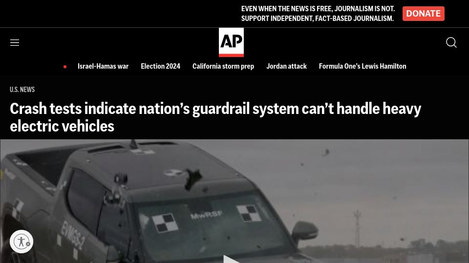Screenshot of apnews.com: Crash tests show nation's guardrail system can't handle heavy electric vehicles