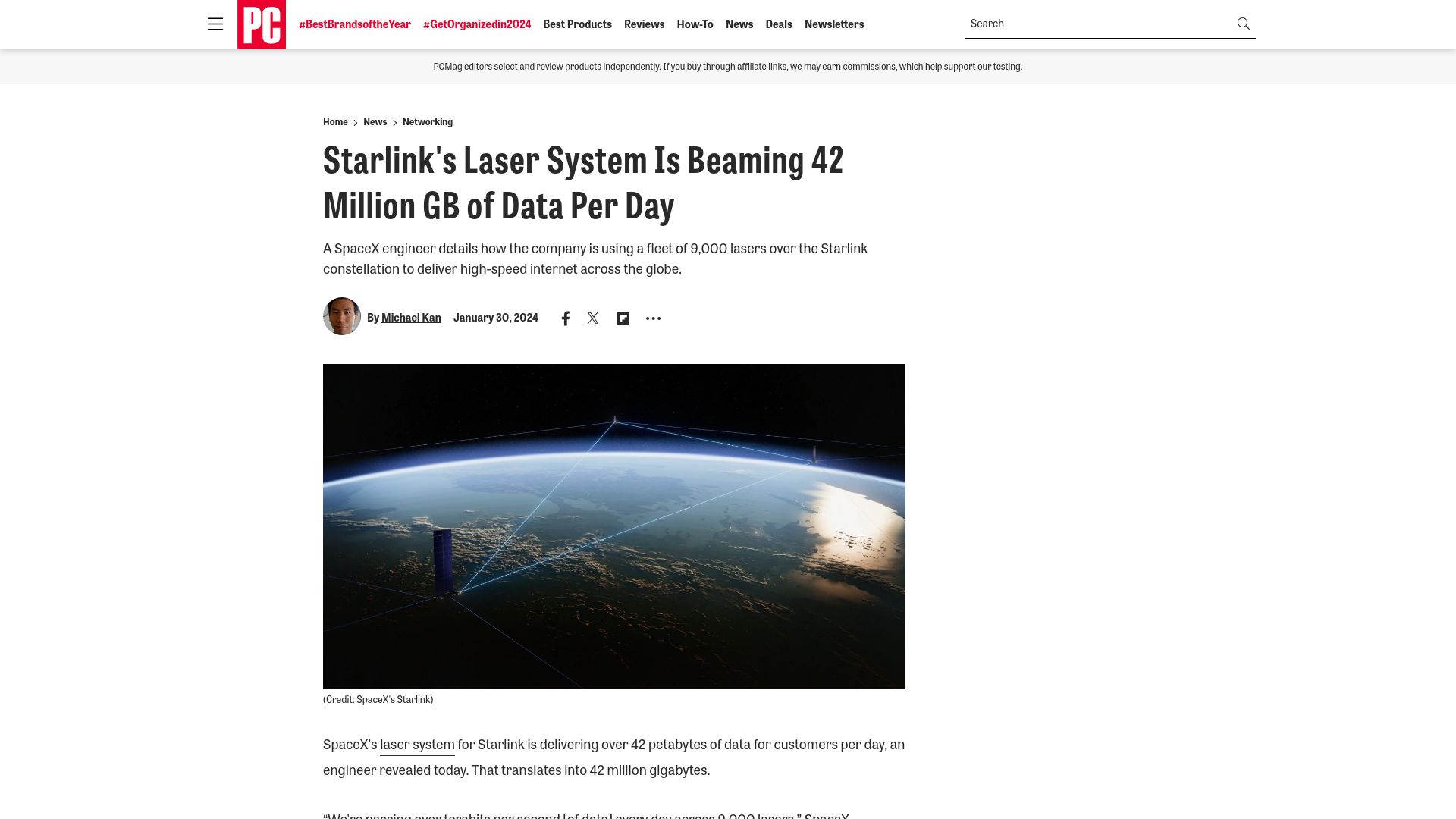 Screenshot of pcmag.com: Starlink's laser system is beaming 42 petabytes of data per day