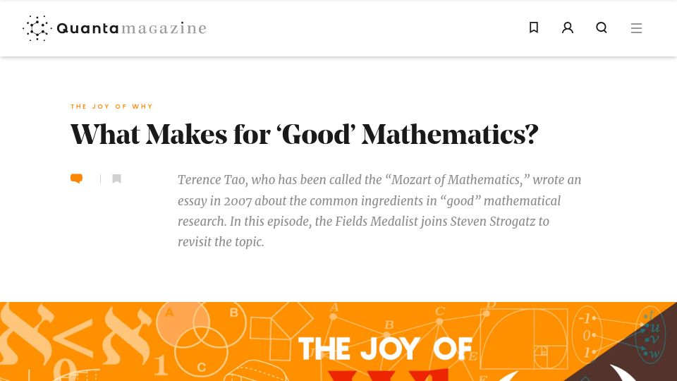 Screenshot of quantamagazine.org: What Makes for 'Good' Mathematics?