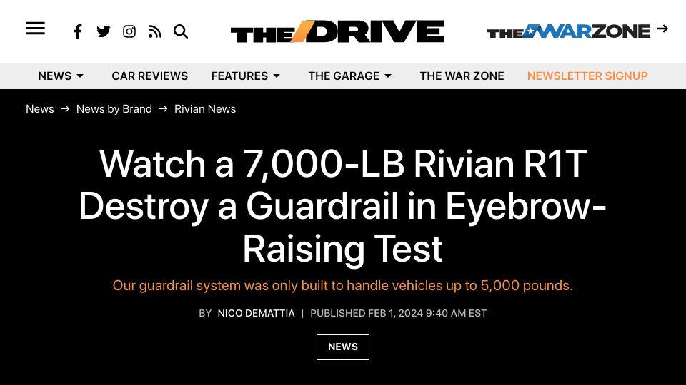 Screenshot of thedrive.com: Watch a 7k-LB Rivian R1T Destroy a Guardrail in Eyebrow-Raising Test